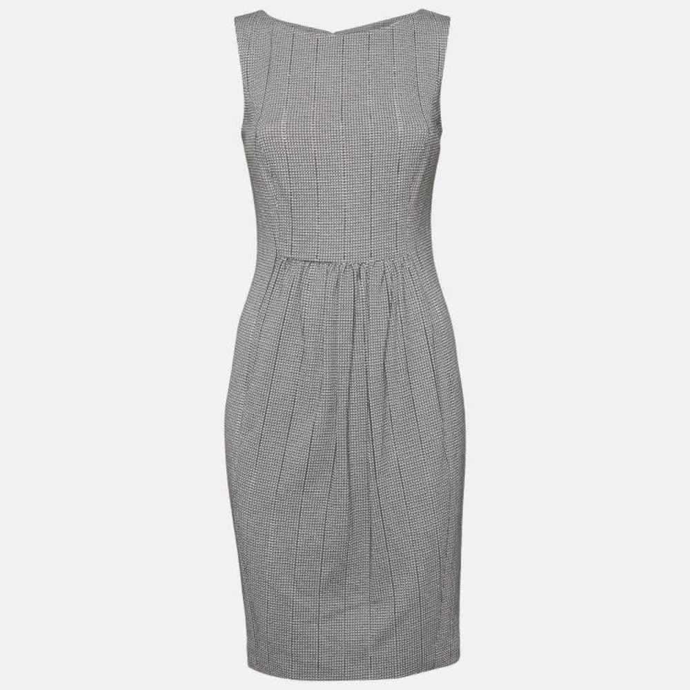 Prada Womens Black White Micro Check Pleated Sheath Dress Size 44 APD1 2012 3059